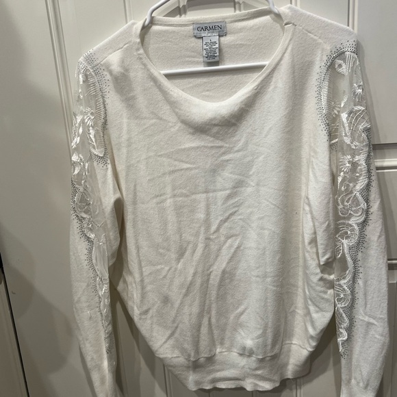 NWOT Large Carmen White Sweater with Delicate Lace and Bedazzled Jewels - Picture 5 of 9
